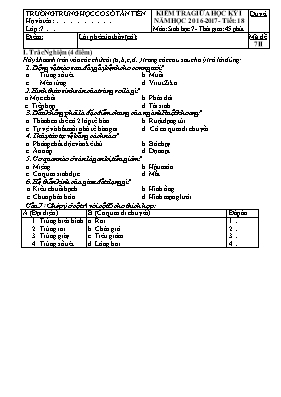 Đề kiểm tra giữa học kì I Sinh học 7 - Mã đề 7II - Năm học 2016-2017 - Trường THCS Tân Tiến